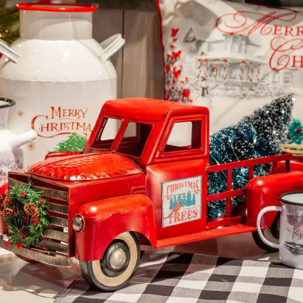 Gerson International Vintage Red Metal Truck With Lighted Christmas Tree, Decor