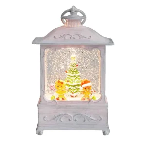 Arys Imports White Antique Lantern With Led Light Up Gingerbread Children Scene Spinning Glitter Waterglobe