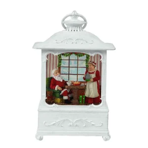 Arys Imports White Antique Lantern With Led Light Up Santa And Mrs Claus Scene Spinning Glitter Waterglobe