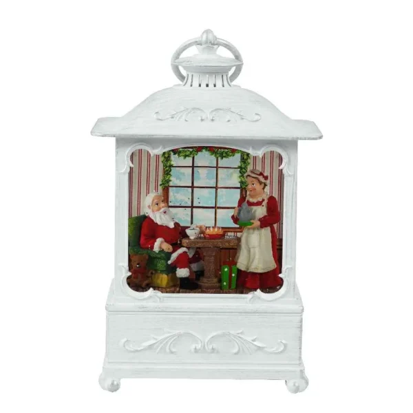 Arys Imports White Antique Lantern With Led Light Up Santa And Mrs Claus Scene Spinning Glitter Waterglobe