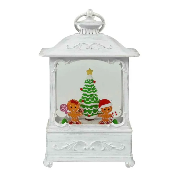 Arys Imports White Antique Lantern With Led Light Up Gingerbread Children Scene Spinning Glitter Waterglobe