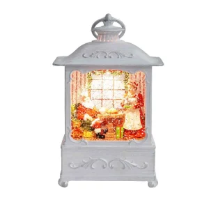 Arys Imports White Antique Lantern With Led Light Up Santa And Mrs Claus Scene Spinning Glitter Waterglobe