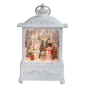 Arys Imports White Antique Lantern With Led Light Up Snowman Family Scene Spinning Glitter Waterglobe