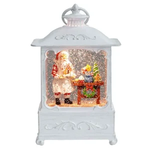 Arys Imports White Antique Lantern With Led Light Up Gingerbread Santa Chef Scene Spinning Glitter Waterglobe