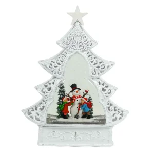 Arys Imports White Scroll Design Christmas Tree With Led Warm White Light Up Snowman And Kids Scene Spinning Glitter Waterglobe