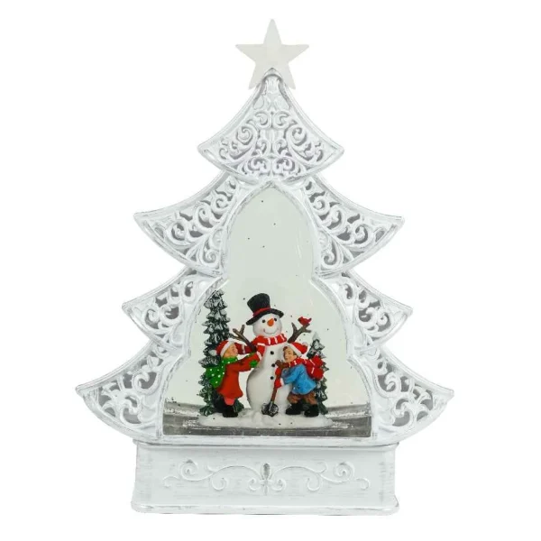 Arys Imports White Scroll Design Christmas Tree With Led Warm White Light Up Snowman And Kids Scene Spinning Glitter Waterglobe