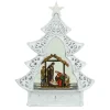 Arys Imports White Scroll Design Christmas Tree With Led Warm White Light Up Nativity Holy Family Scene Spinning Glitter Waterglobe