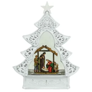 Arys Imports White Scroll Design Christmas Tree With Led Warm White Light Up Nativity Holy Family Scene Spinning Glitter Waterglobe