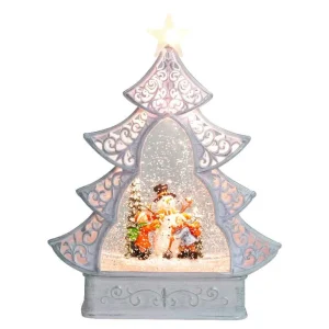 Arys Imports White Scroll Design Christmas Tree With Led Warm White Light Up Snowman And Kids Scene Spinning Glitter Waterglobe