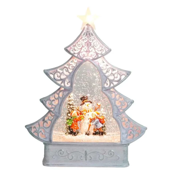 Arys Imports White Scroll Design Christmas Tree With Led Warm White Light Up Snowman And Kids Scene Spinning Glitter Waterglobe