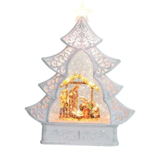 Arys Imports White Scroll Design Christmas Tree With Led Warm White Light Up Nativity Holy Family Scene Spinning Glitter Waterglobe