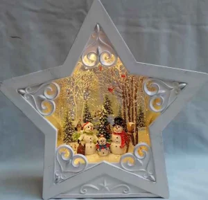 Arys Imports White Star Scroll Design With Led Warm White Light Up Snowman Family Scene Spinning Glitter Waterglobe
