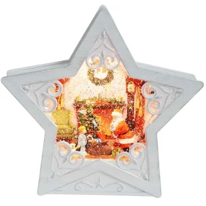Arys Imports White Star Scroll Design With Led Warm White Light Up Santa Fireplace Scene Spinning Glitter Waterglobe